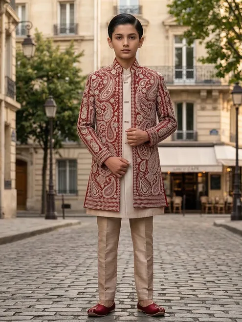 Orange and cream indowestern set for wedding celebration
