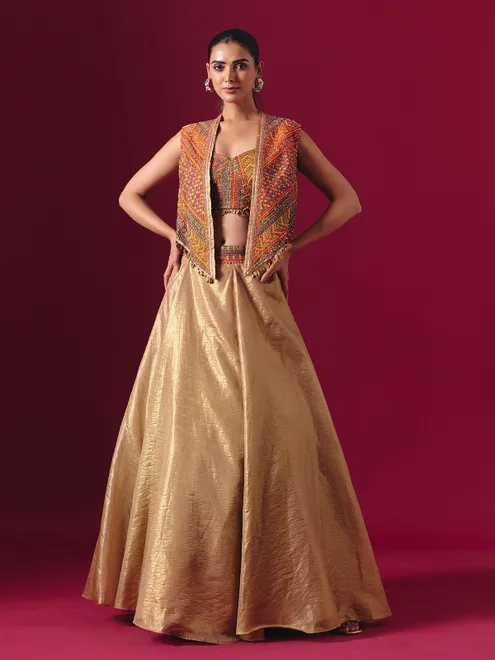 Orange and gold tissue silk jacket style designer lehenga choli