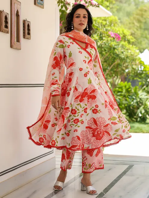 Orange and white cotton printed kurti set