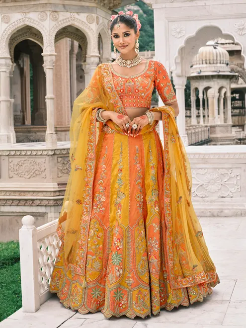 Orange and yellow silk lehenga choli with sequins work