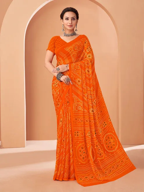 Orange bandhani chiffon festive saree
