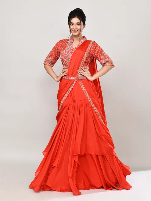 Orange chiffon heavy work designer lehenga choli