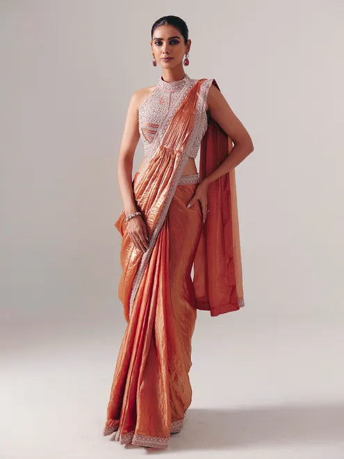 Orange chiffon silk ready to wear saree