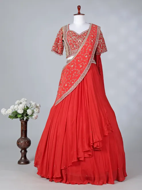 Orange chiffon silk sweetheart neck lehenga choli