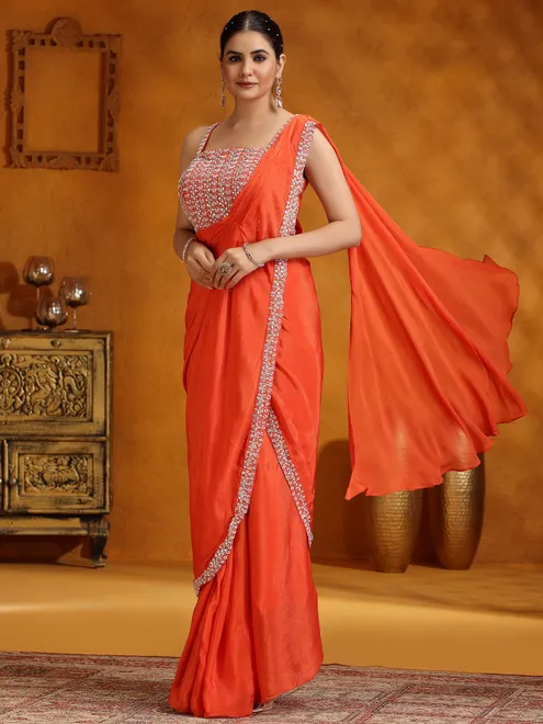 Orange chinon silk party wear saree