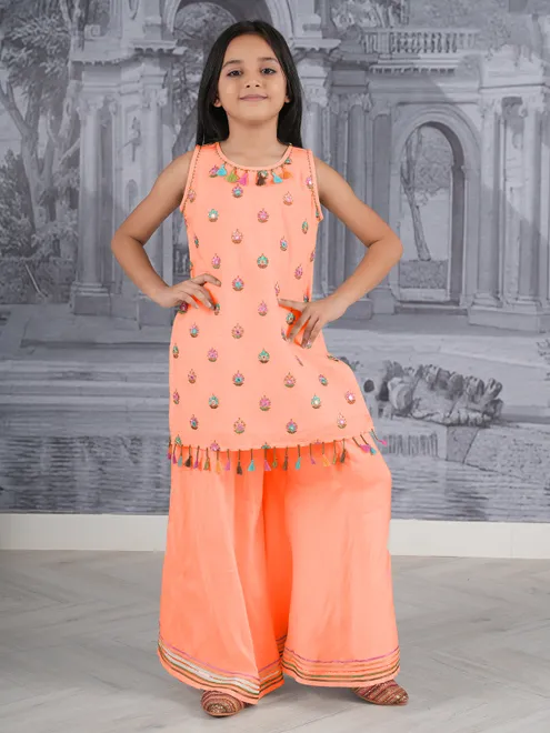 Orange cotton silk embellished palazzo suit for girls