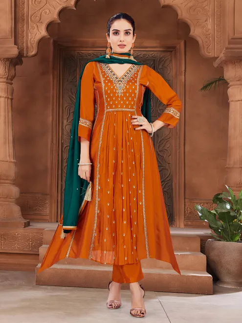 Orange cotton silk embroidered salwar suit