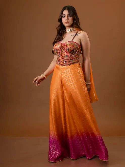 Orange cotton silk palazzo suit with heavy work