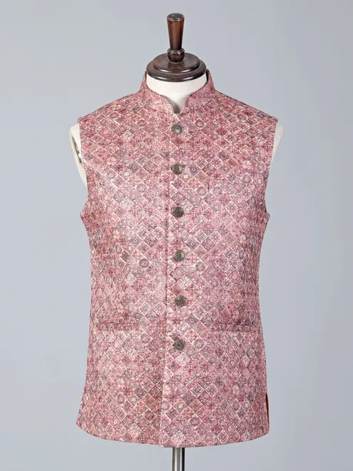Orange cotton silk printed waistcoat for wedding