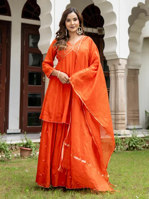 Orange cotton silk v neck sharara outfit