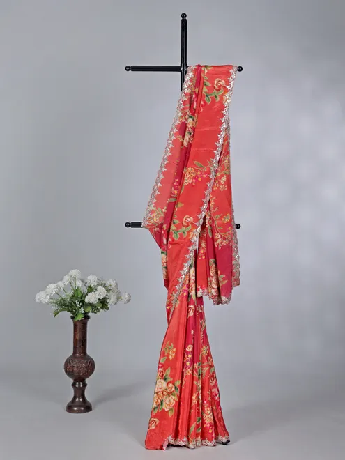 Orange crepe silk festive printed saree