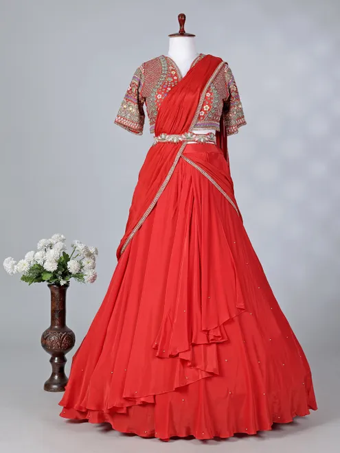 Orange crepe silk half sleeve lehenga choli with dupatta