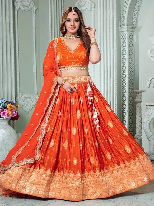 Orange crepe silk lehenga choli for occasions