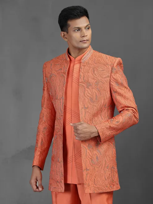 Orange cutdana worked silk Indowestern set