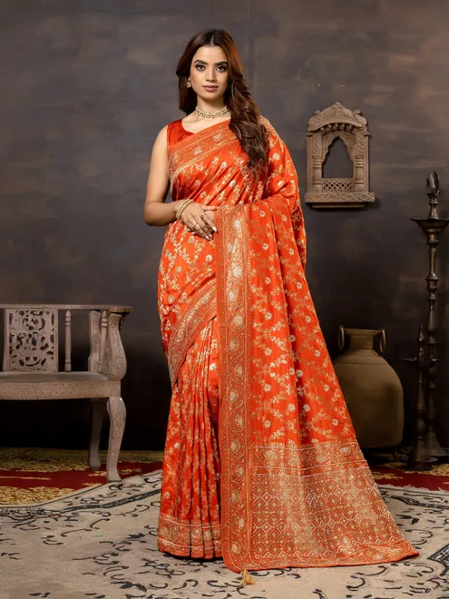 Orange dola silk saree for women wedding wear