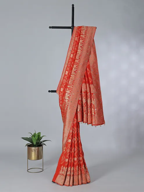 Orange dola silk saree with stone zari work