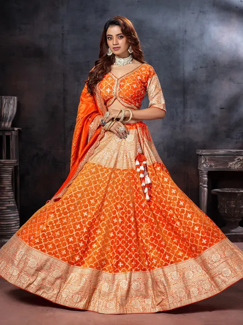 Orange elbow sleeve zardosi lehenga choli