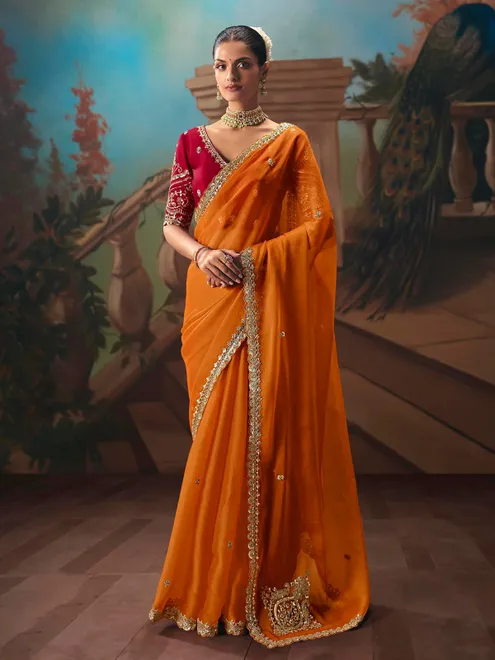 Orange fancy tissue silk embellished saree