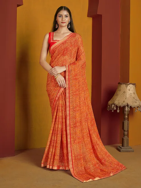 Orange festive printed chiffon saree