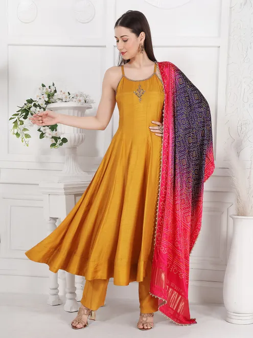 Yellow festive wear silk kurti set with printed dupatta