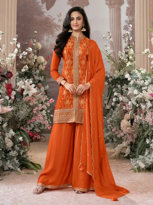 Orange festive wear silk salwar suit