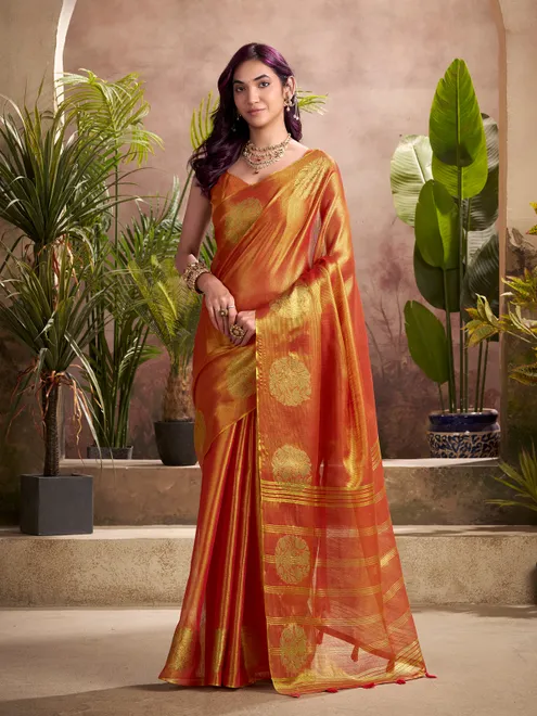 Orange festive wear yissue silk saree