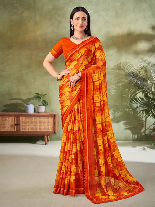 Orange geometric printed georgette saree
