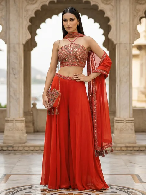 Orange georgette designer mirror work festive palazzo suit