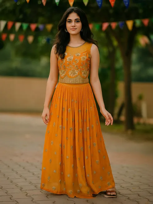 Orange georgette embroidered work lehenga choli