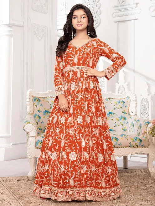 Orange georgette gown with embroidery work