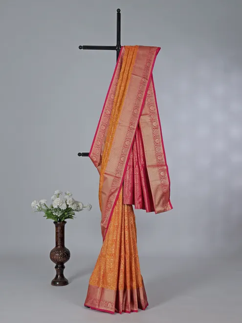 Orange kanjivaram silk saree with contrast border