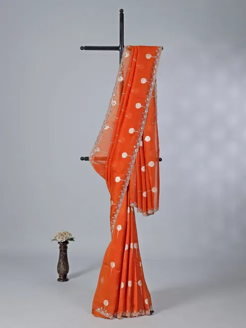 Orange organza saree with diamond work
