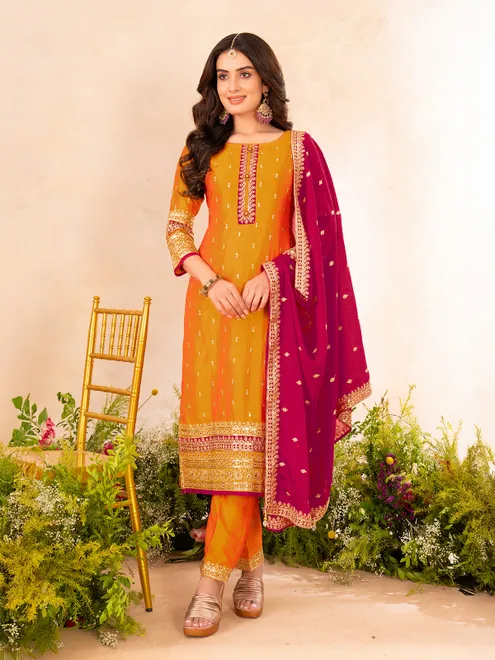 Orange pakistani style silk salwar suit with dupatta