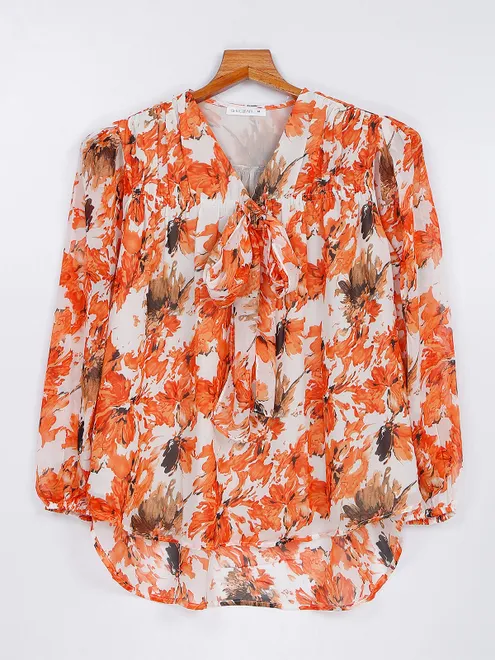 Orange polyester printed full sleeve top