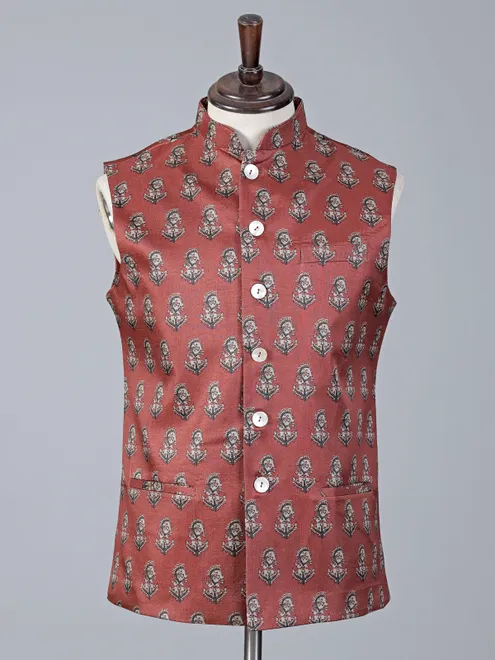 Orange printed cotton silk festive waistcoat