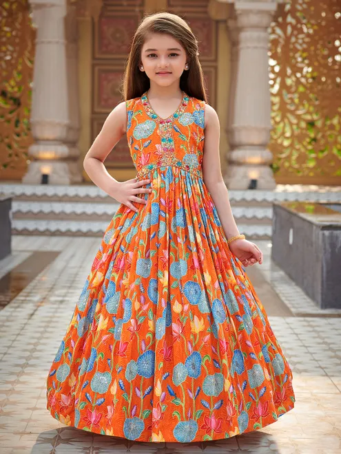 Orange printed cotton silk gown for girls