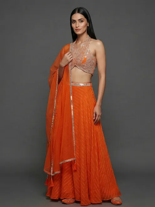 Orange printed georgette indowestern style palazzo suit