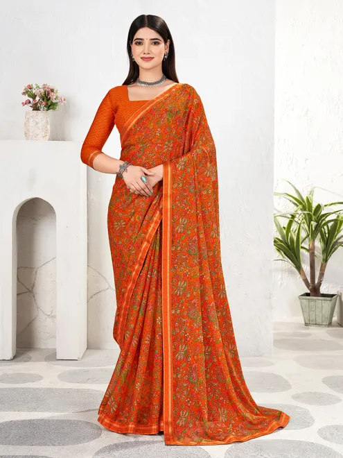Orange printed georgette saree with zari detailing