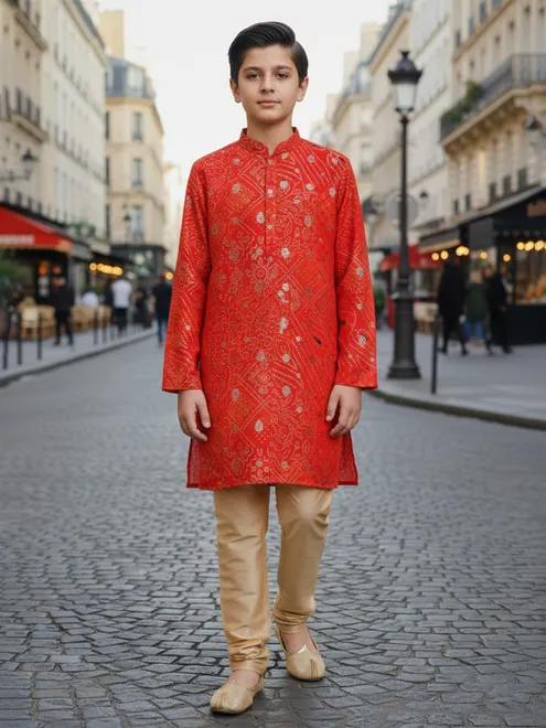 Orange printed kurta suit with zari work