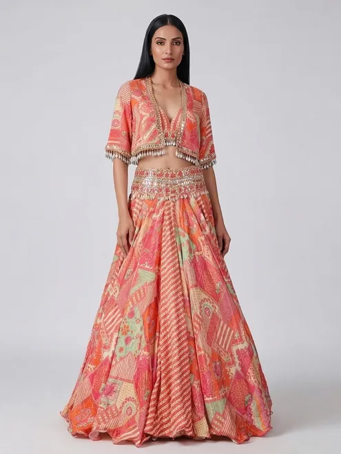 Orange printed lehenga choli with jacket