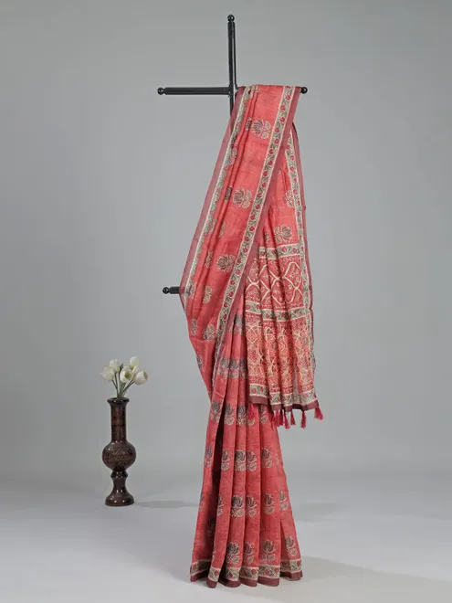 Orange printed semi cotton saree for women
