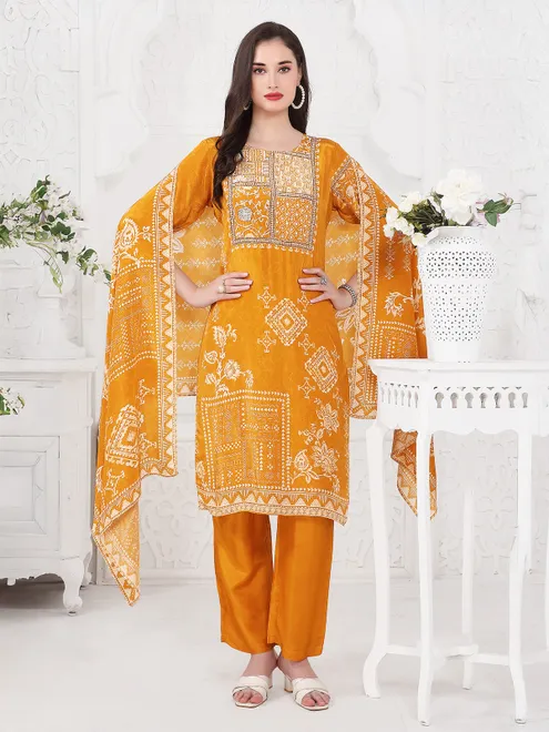 Orange printed silk kurti set for women