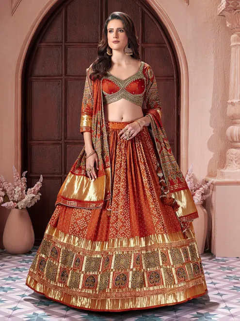 Orange printed silk sweetheart neck lehenga choli look