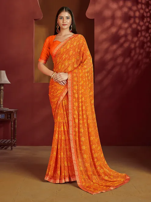 Orange printed zari lace chiffon saree