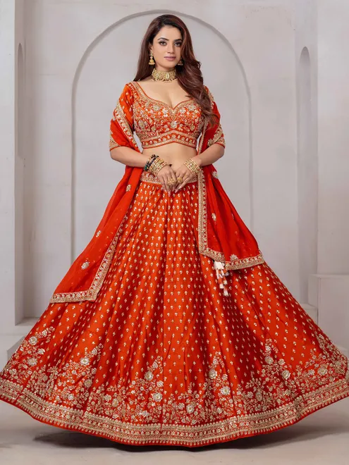 Orange raw silk cutdana work lehenga choli