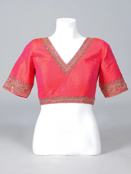 Orange raw silk zardosi embellished V neck blouse
