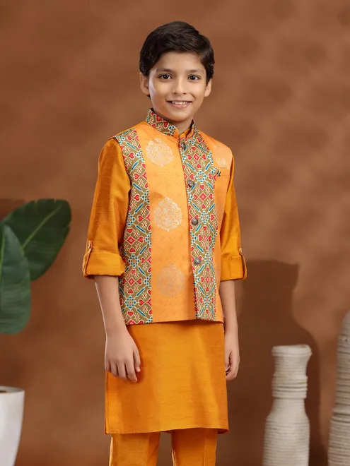 Orange raw silk zari weaving printed waistcoat set