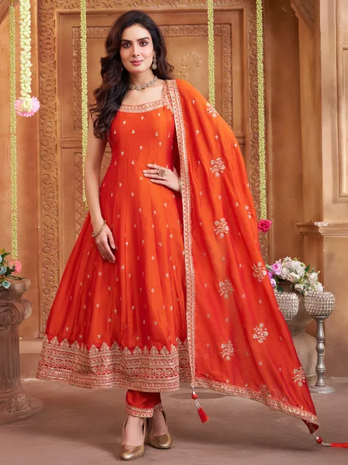 Orange salwar suit with elegant sleeveless festive glow for women
