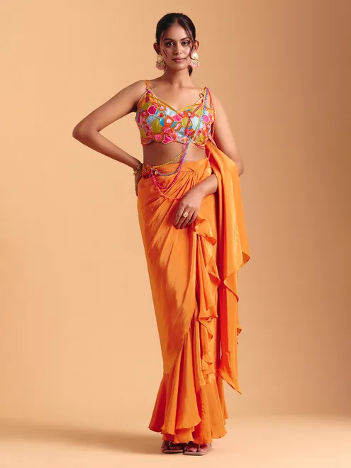 Orange satin silk indowestern suit with attached dupatta