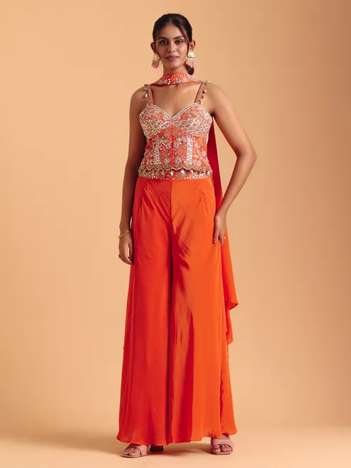 Orange satin silk party wear palazzo suit